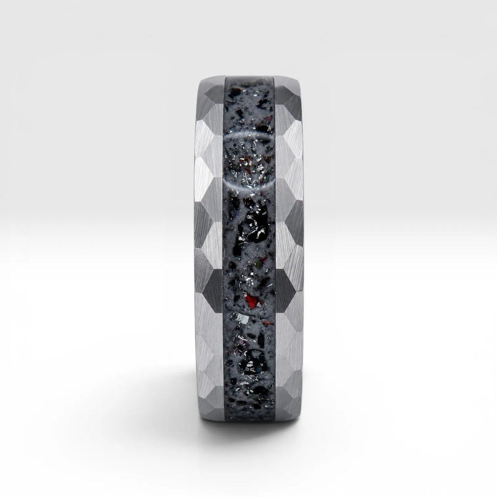 Tungsten ring with meteorite, lava opal and shungite inlay, faceted band with red glow in the dark effect