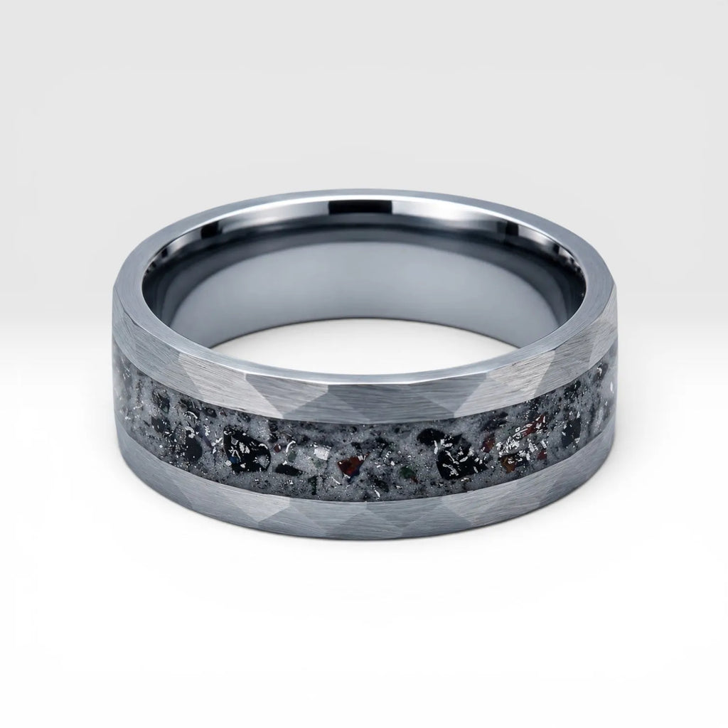 Tungsten ring with meteorite, lava opal and shungite inlay, faceted band with red glow in the dark effect