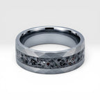 Tungsten ring with meteorite, lava opal and shungite inlay, faceted band with red glow in the dark effect