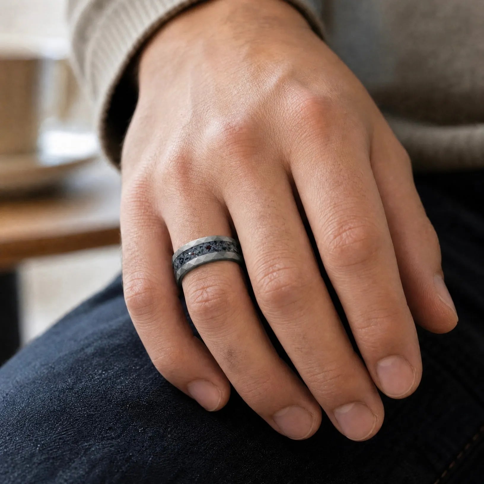 Tungsten ring with meteorite, lava opal and shungite inlay, faceted band with red glow in the dark effect