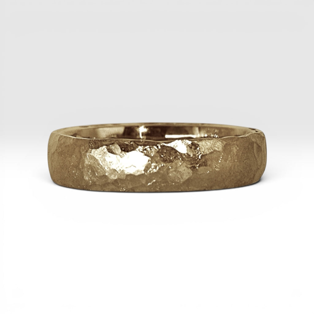 4mm domed gold women's wedding band with hand-hammered finish, bold textured exterior with smooth comfort fit interior