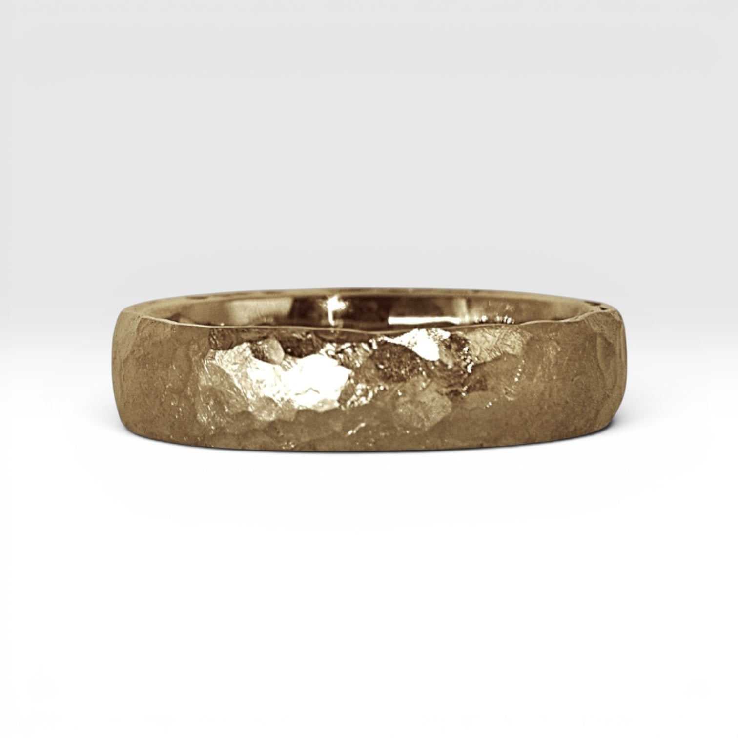 4mm domed gold women's wedding band with hand-hammered finish, bold textured exterior with smooth comfort fit interior
