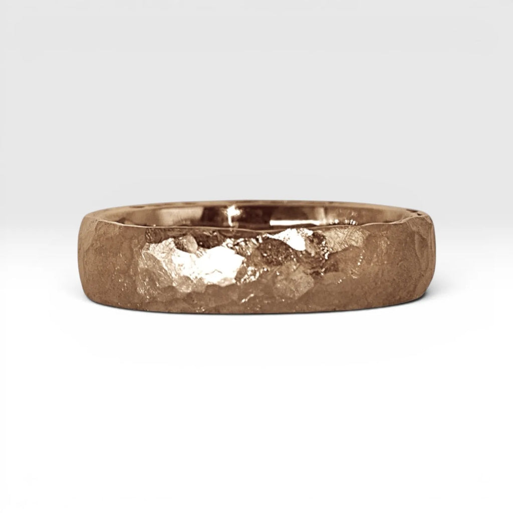 4mm domed rose gold women's wedding band with hand-hammered finish, bold textured exterior with smooth comfort fit interior