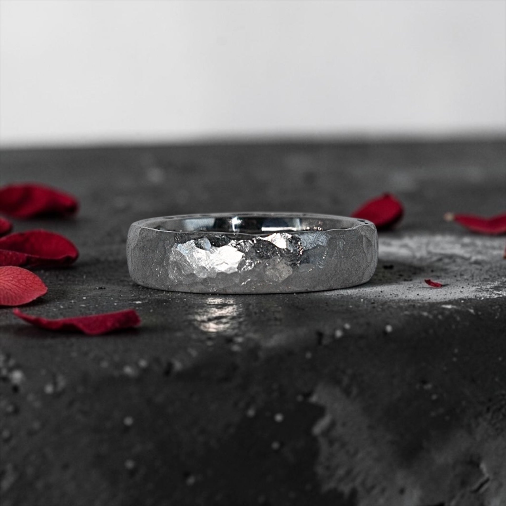 4mm domed titanium women's wedding band with hand-hammered finish, bold textured exterior with smooth comfort fit interior