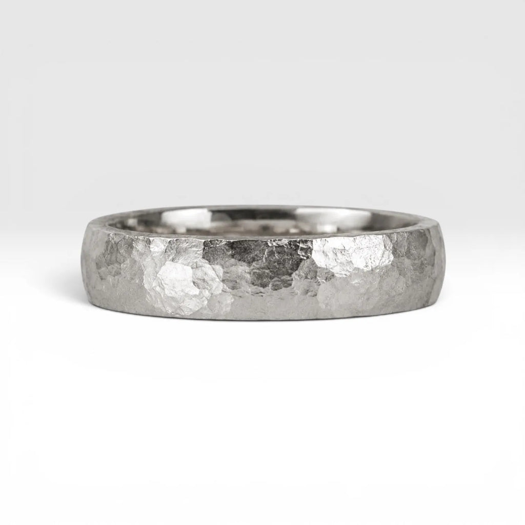 4mm domed women's wedding band with hand-hammered finish, bold textured exterior with smooth comfort fit interior