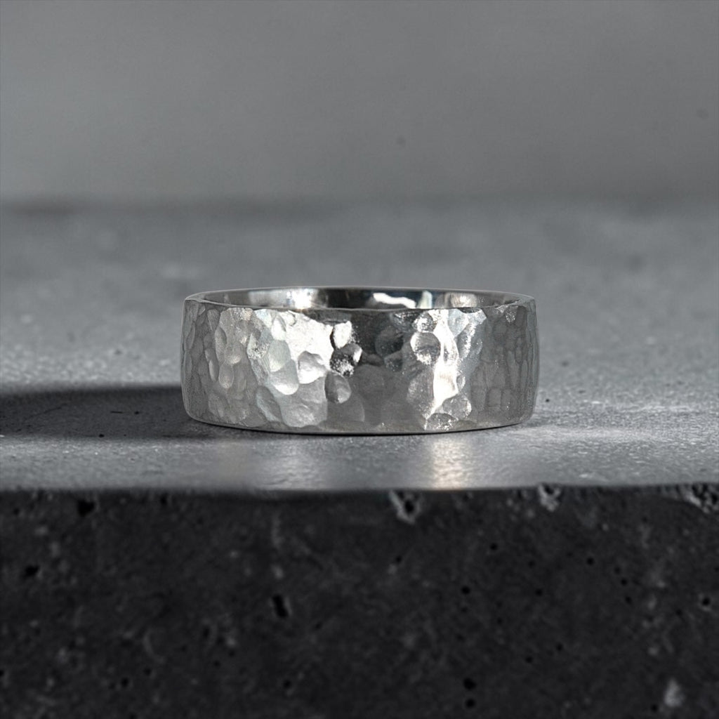 8mm domed men's wedding band with hand-hammered finish, bold textured exterior with smooth comfort fit interior