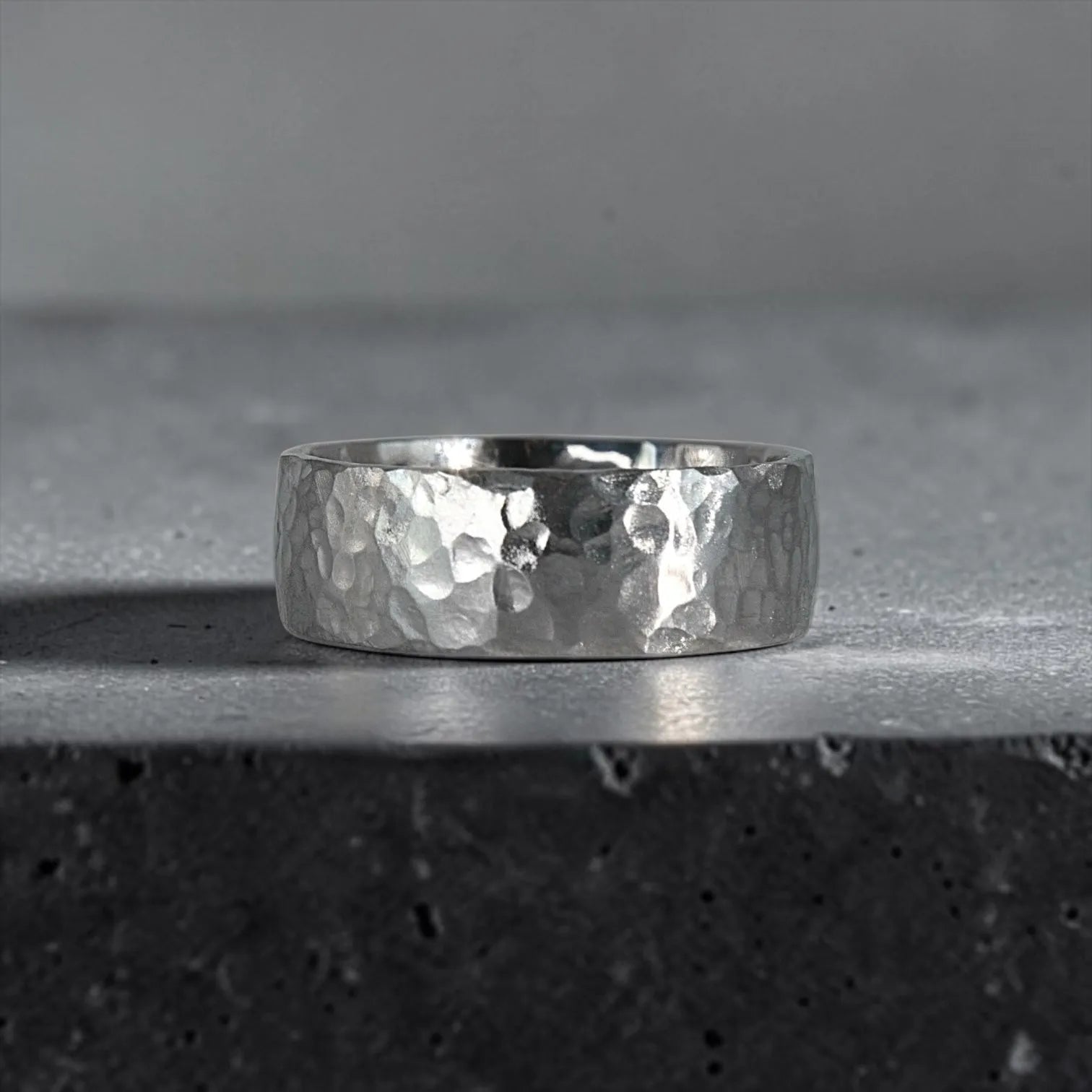 8mm domed men's wedding band with hand-hammered finish, bold textured exterior with smooth comfort fit interior