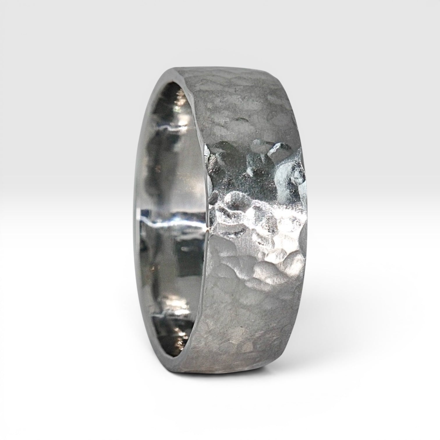8mm domed men's wedding band with hand-hammered finish, bold textured exterior with smooth comfort fit interior