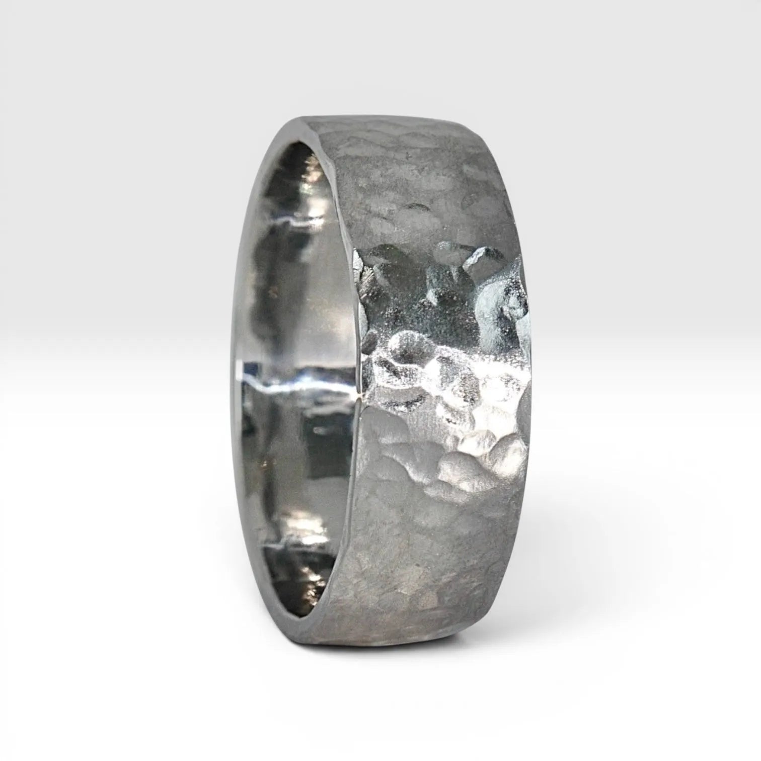 8mm domed men's wedding band with hand-hammered finish, bold textured exterior with smooth comfort fit interior