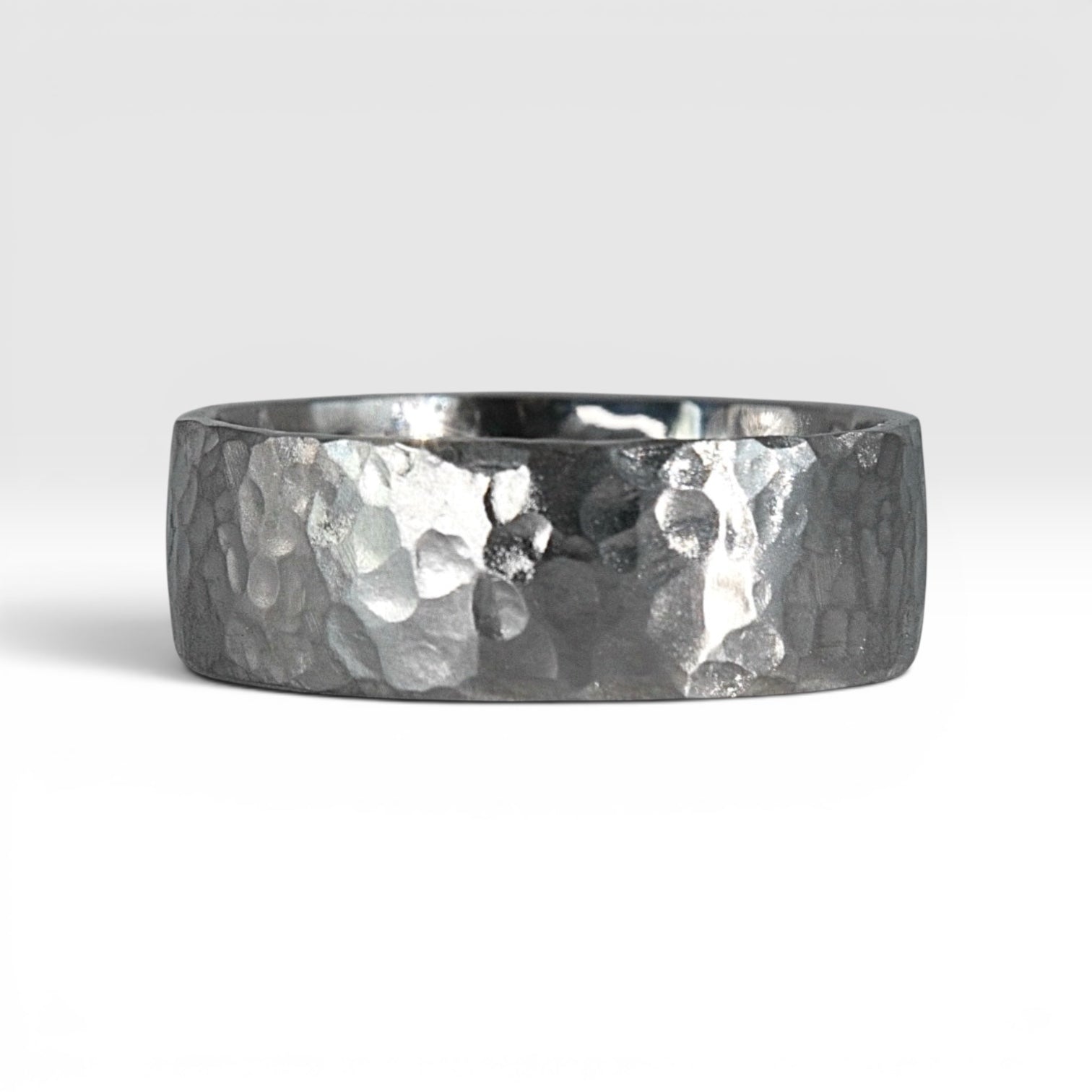 8mm domed men's wedding band with hand-hammered finish, bold textured exterior with smooth comfort fit interior