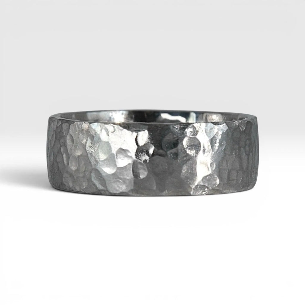 8mm domed men's wedding band with hand-hammered finish, bold textured exterior with smooth comfort fit interior
