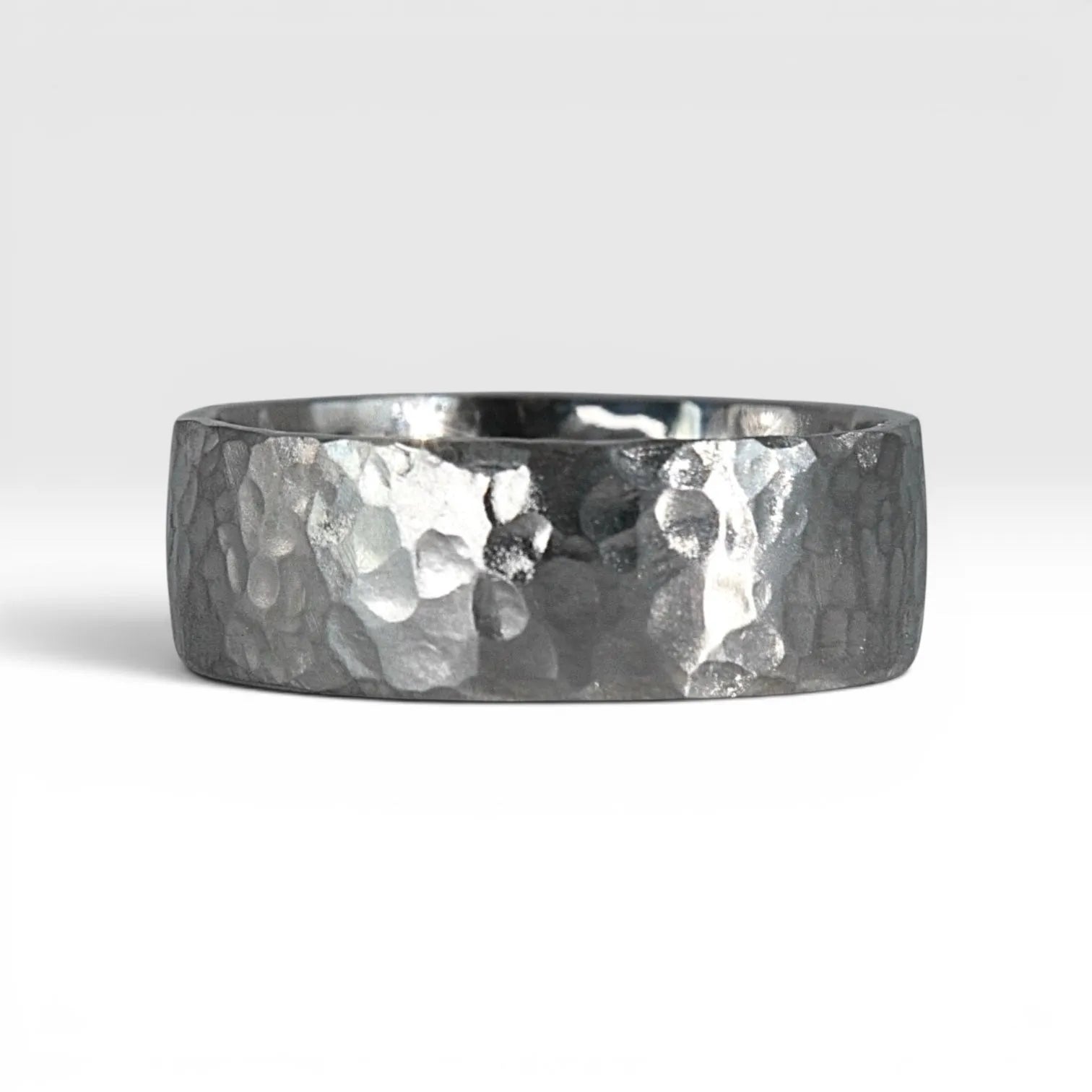 8mm domed men's wedding band with hand-hammered finish, bold textured exterior with smooth comfort fit interior