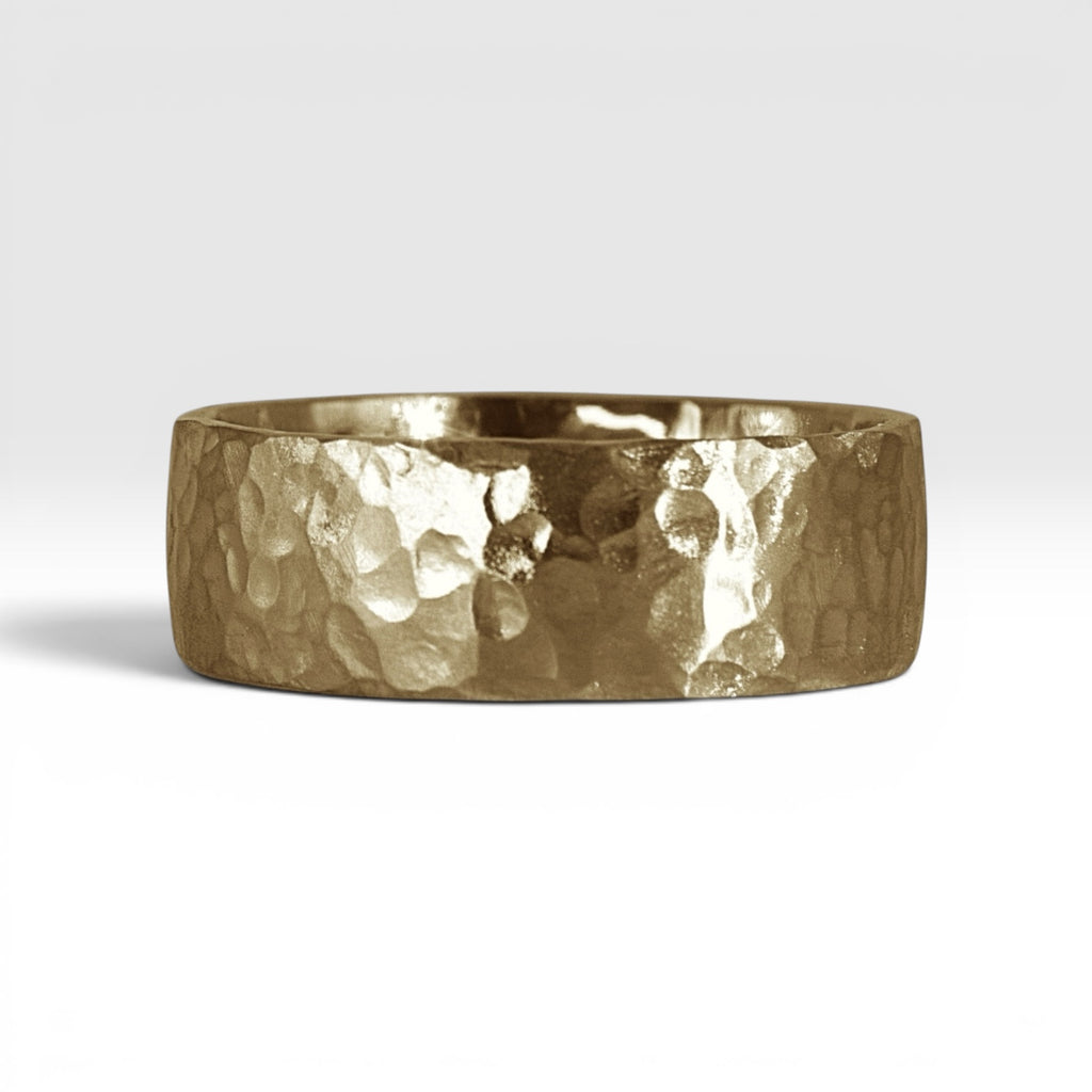 8mm domed men's wedding band with hand-hammered finish, bold textured exterior with smooth comfort fit interior