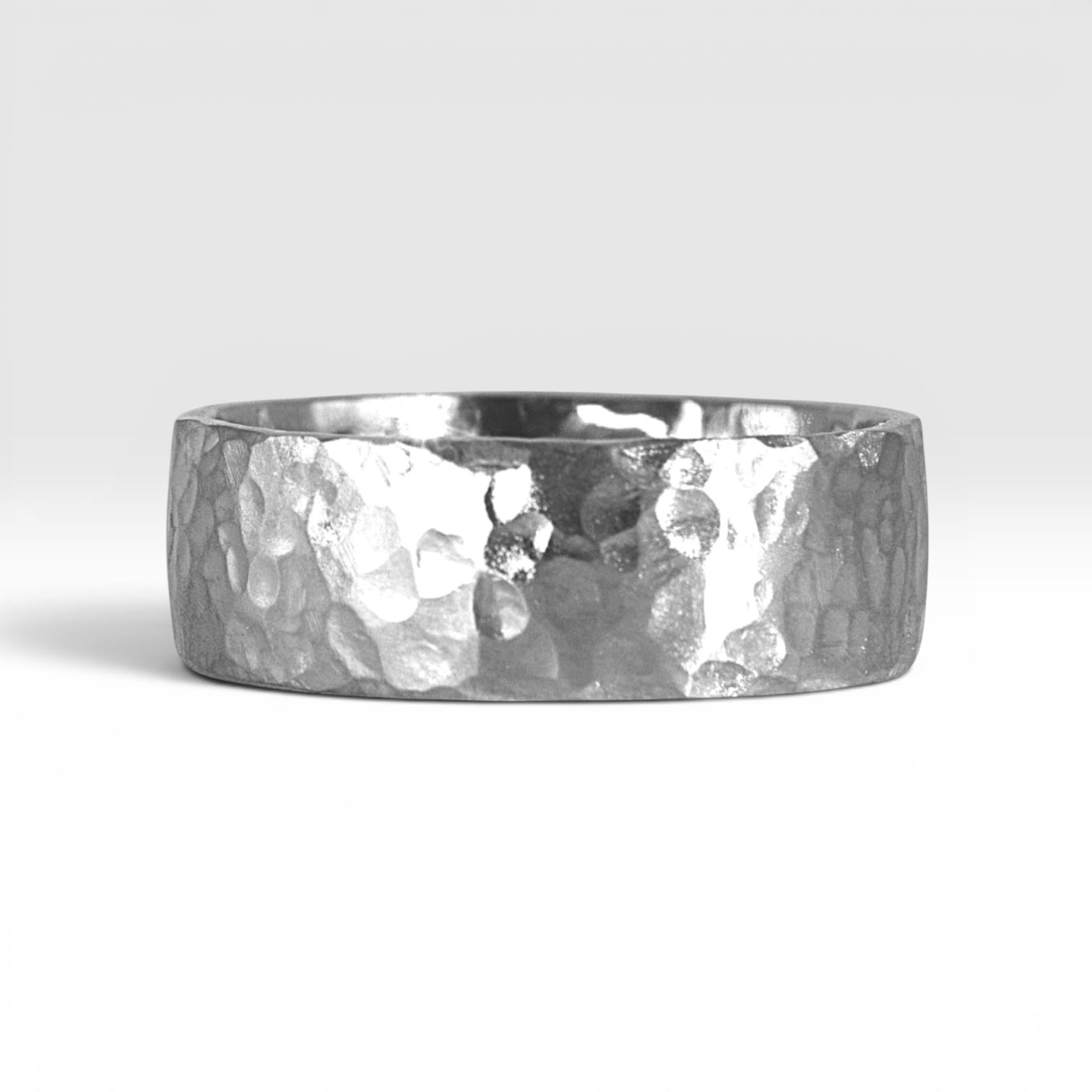 8mm domed men's wedding band with hand-hammered finish, bold textured exterior with smooth comfort fit interior