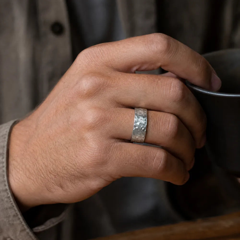8mm domed men's wedding band with hand-hammered finish, bold textured exterior with smooth comfort fit interior