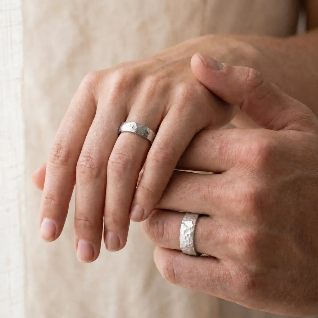 domed wedding set band with hand-hammered finish, bold textured exterior with smooth comfort fit interior