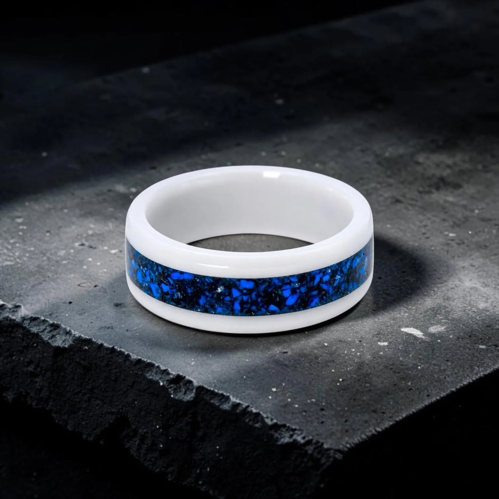 White ceramic ring with blue chrysocolla and silver leaf inlay, smooth polished band with water inspired design