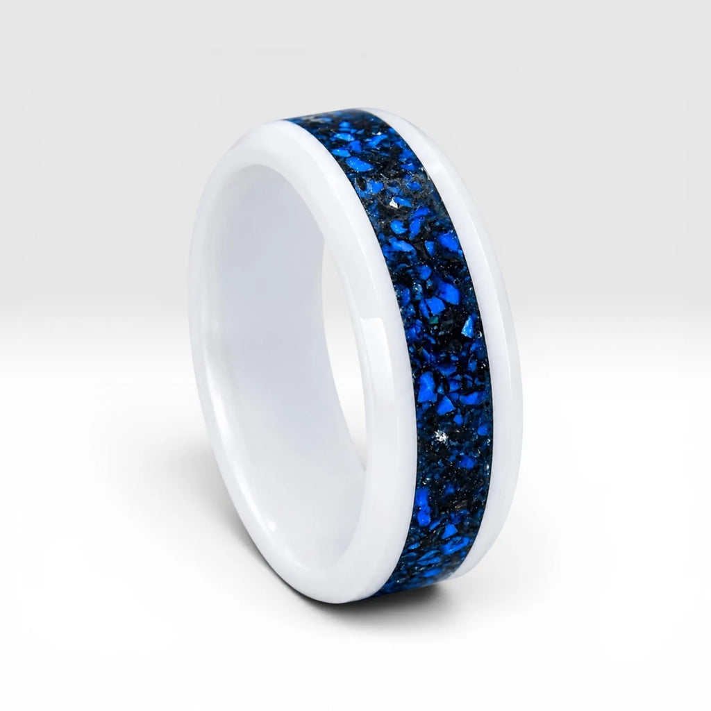 White ceramic ring with blue chrysocolla and silver leaf inlay, smooth polished band with water inspired design