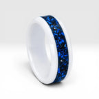 White ceramic ring with blue chrysocolla and silver leaf inlay, smooth polished band with water inspired design