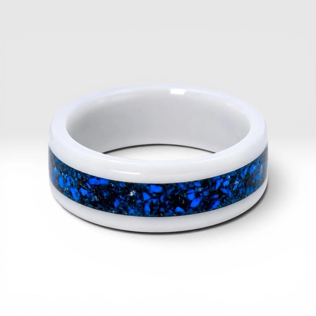White ceramic ring with blue chrysocolla and silver leaf inlay, smooth polished band with water inspired design