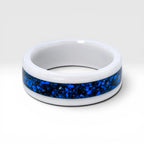 White ceramic ring with blue chrysocolla and silver leaf inlay, smooth polished band with water inspired design