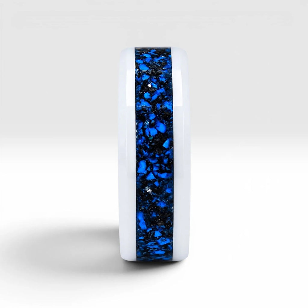 White ceramic ring with blue chrysocolla and silver leaf inlay, smooth polished band with water inspired design