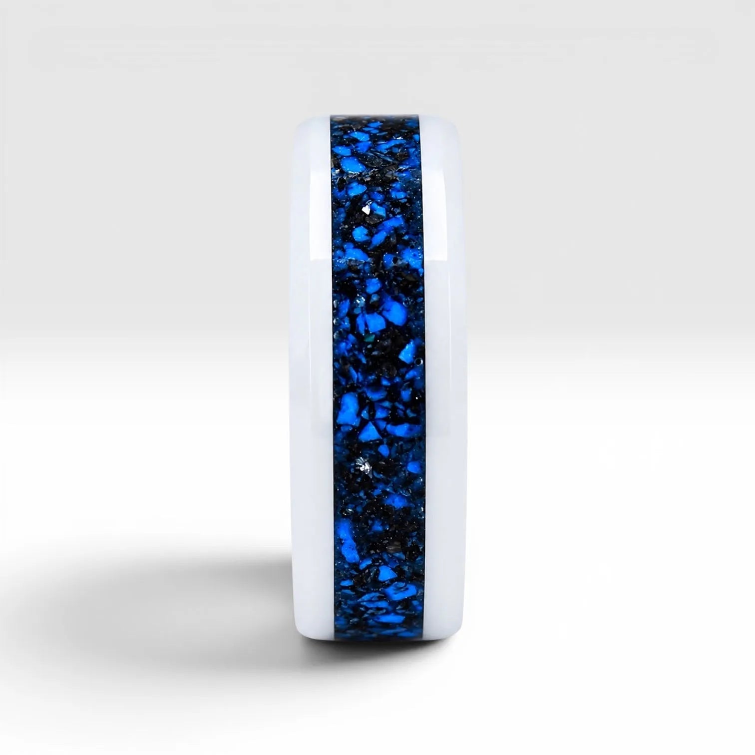 White ceramic ring with blue chrysocolla and silver leaf inlay, smooth polished band with water inspired design