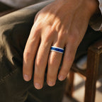 White ceramic ring with blue chrysocolla and silver leaf inlay, smooth polished band with water inspired design