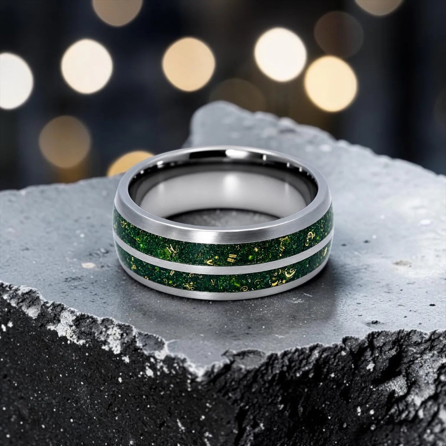 Close-up of tungsten ring with green goldstone and gold shavings showing deep green shimmer and metallic texture