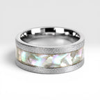 Angled view of Moonveil cobalt ring showcasing luminous mother of pearl inlay and frosted textured finish.