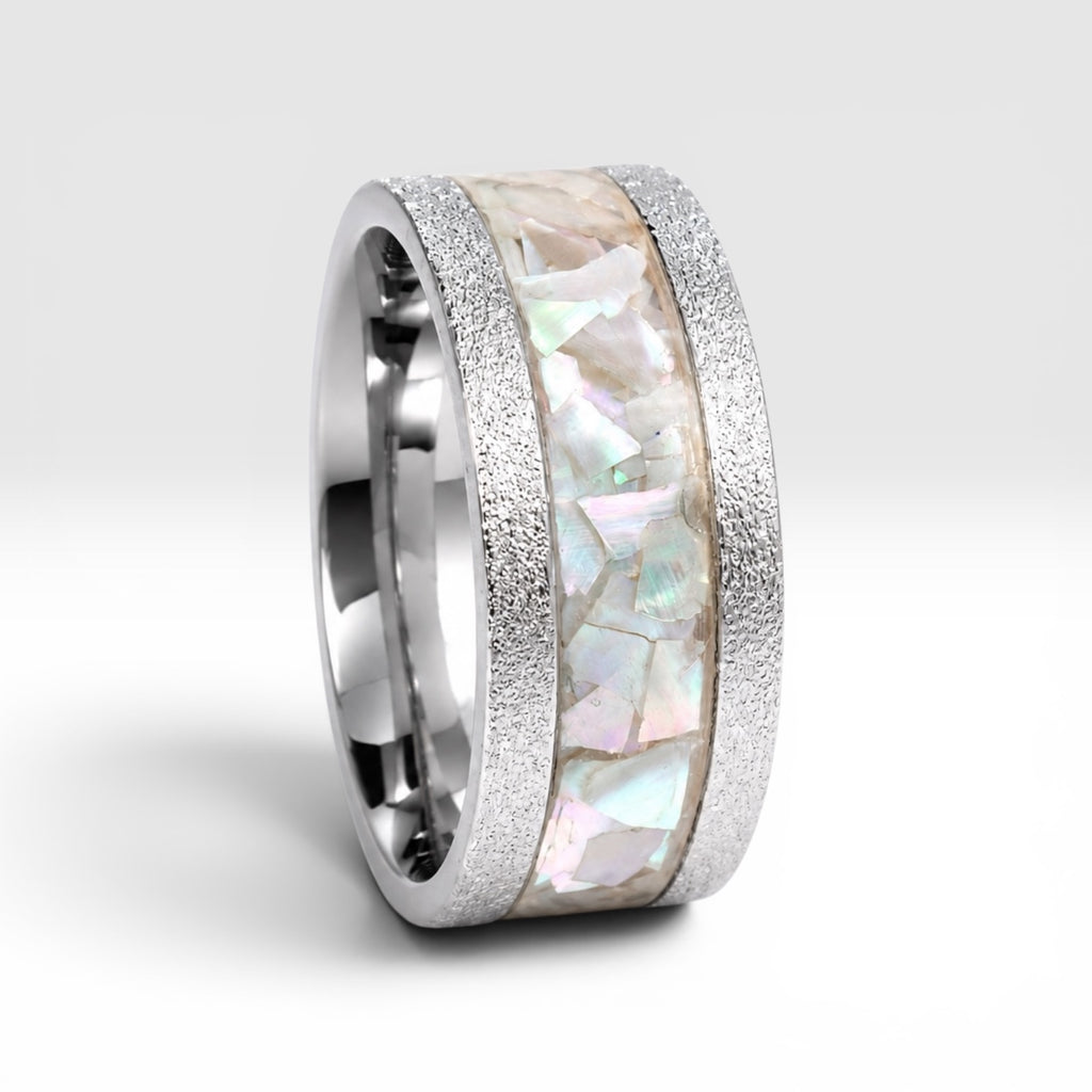 Side profile of Moonveil cobalt wedding band with genuine mother of pearl inlay and comfort fit design.