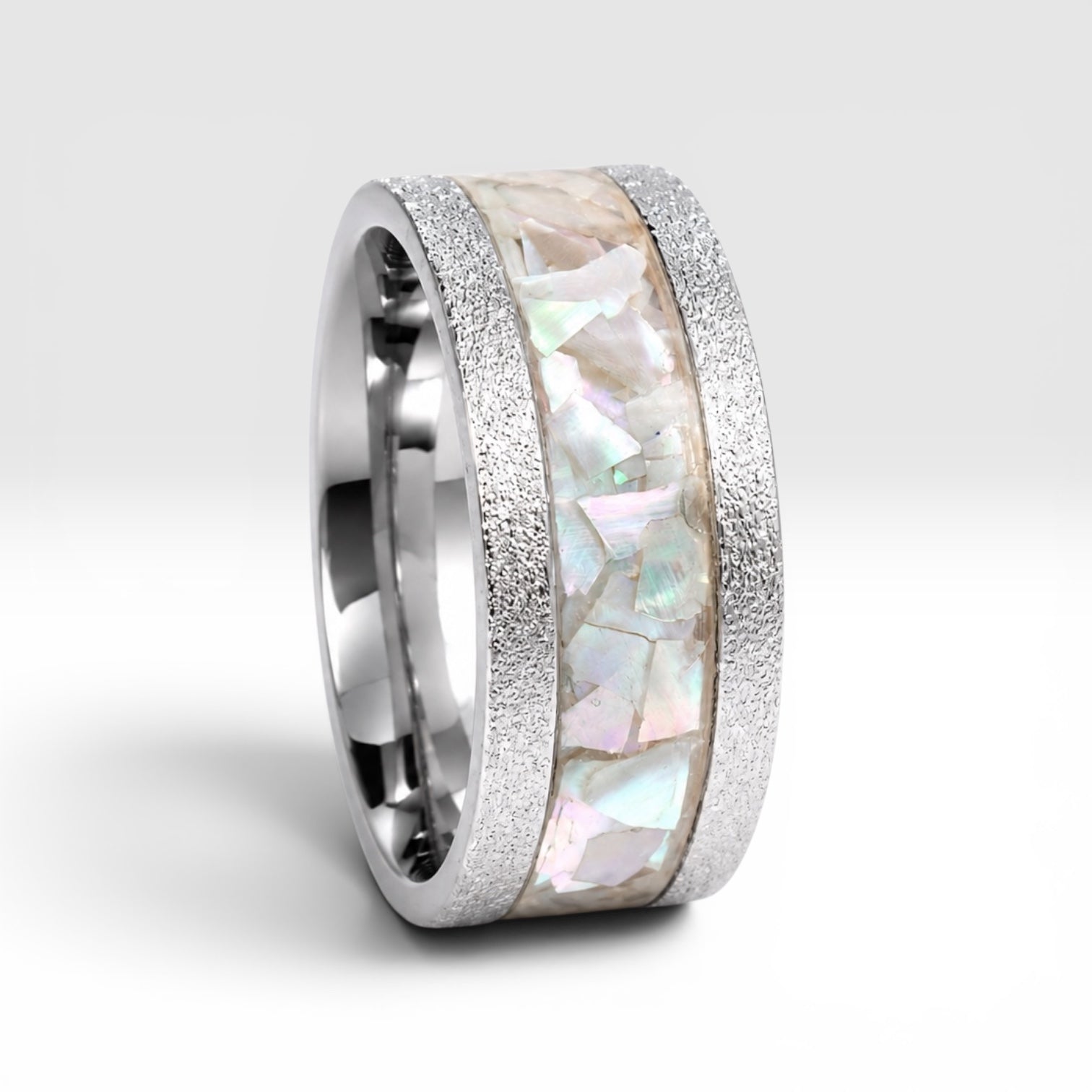 Side profile of Moonveil cobalt wedding band with genuine mother of pearl inlay and comfort fit design.
