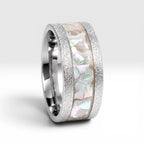 Side profile of Moonveil cobalt wedding band with genuine mother of pearl inlay and comfort fit design.