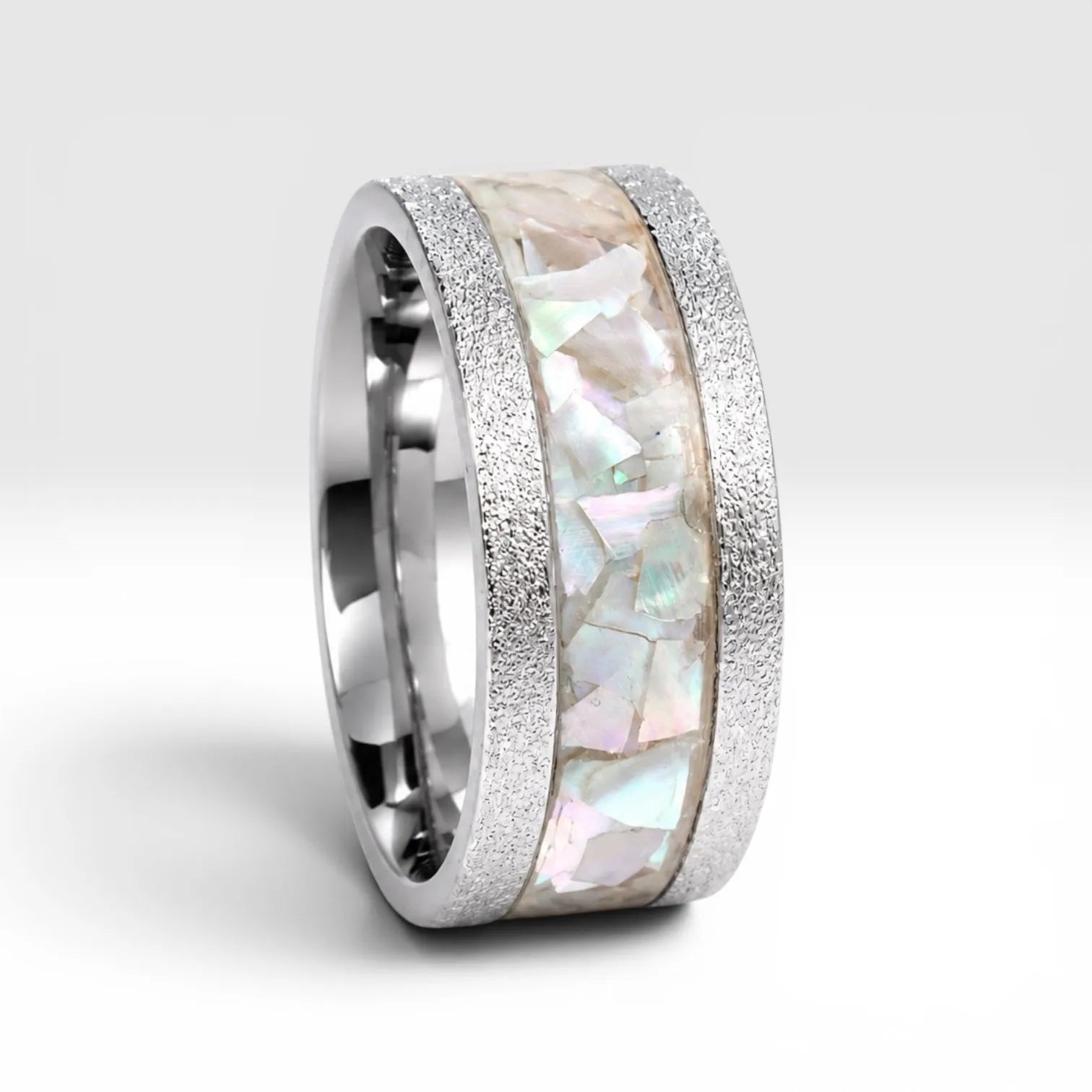 Side profile of Moonveil cobalt wedding band with genuine mother of pearl inlay and comfort fit design.