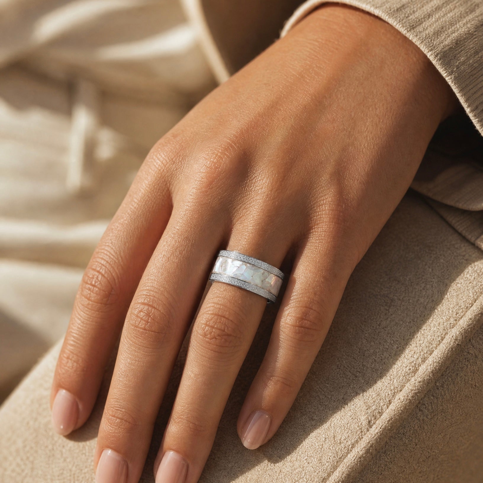Moonveil frosted cobalt ring with genuine mother of pearl inlay featuring iridescent ocean-inspired colors and textured finish.