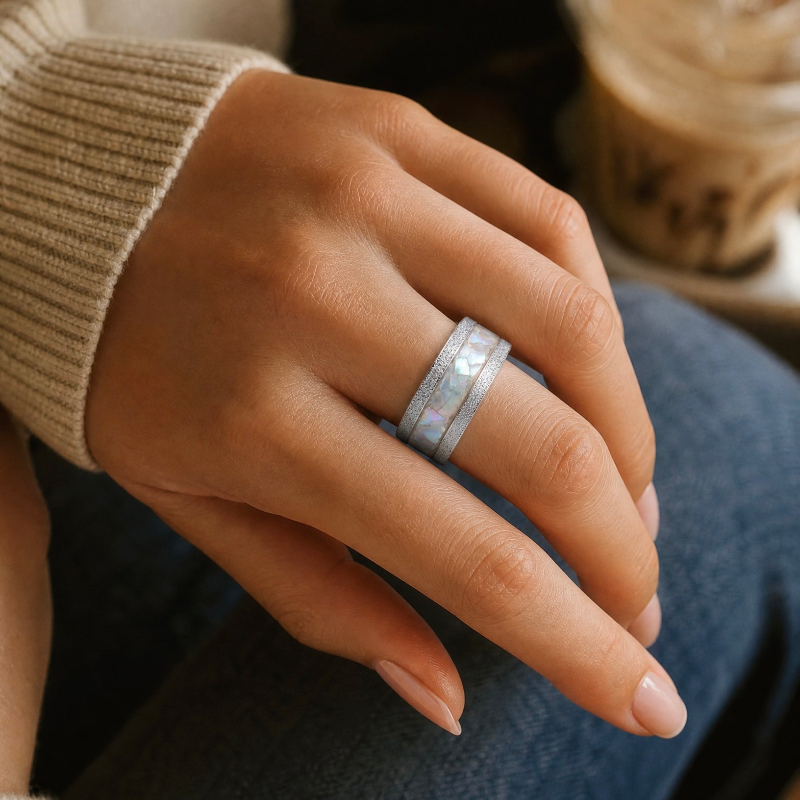 Moonveil frosted cobalt ring with genuine mother of pearl inlay featuring iridescent ocean-inspired colors and textured finish.