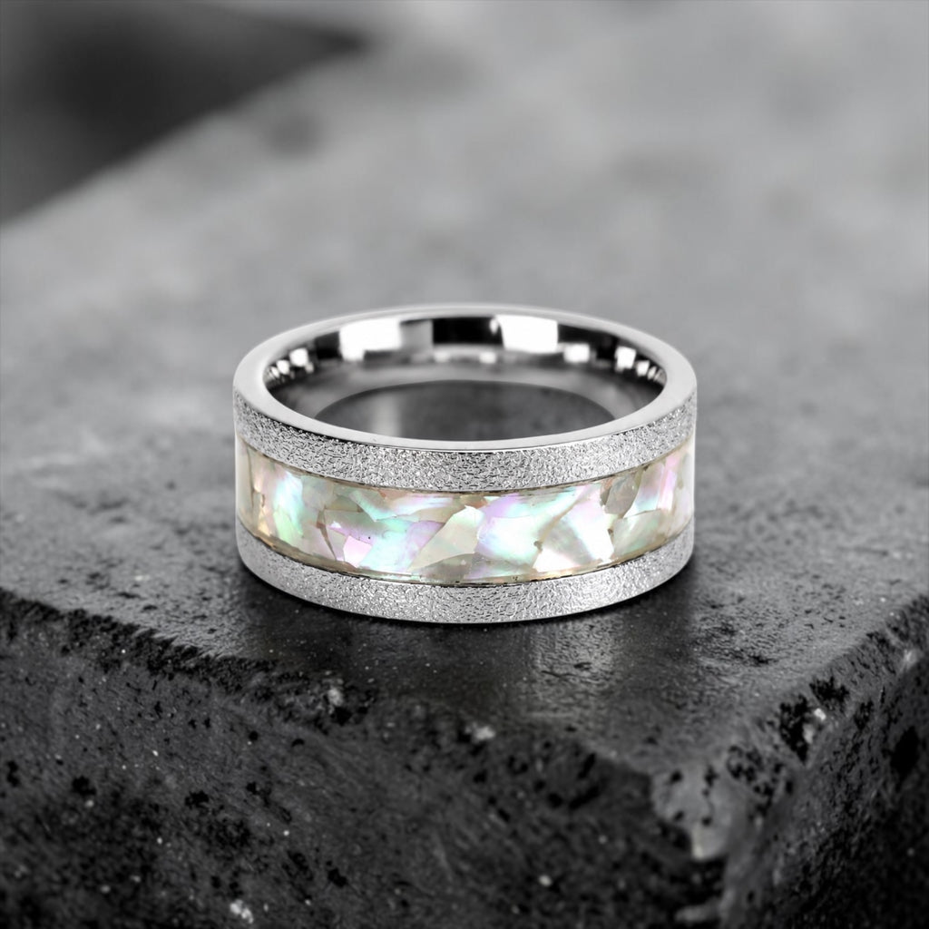 Moonveil frosted cobalt ring with genuine mother of pearl inlay featuring iridescent ocean-inspired colors and textured finish.