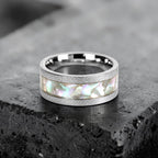 Moonveil frosted cobalt ring with genuine mother of pearl inlay featuring iridescent ocean-inspired colors and textured finish.