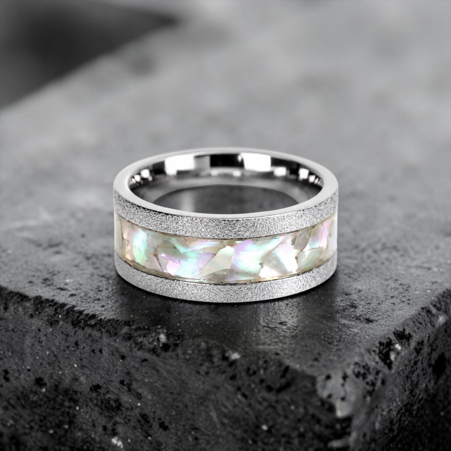 Moonveil frosted cobalt ring with genuine mother of pearl inlay featuring iridescent ocean-inspired colors and textured finish.