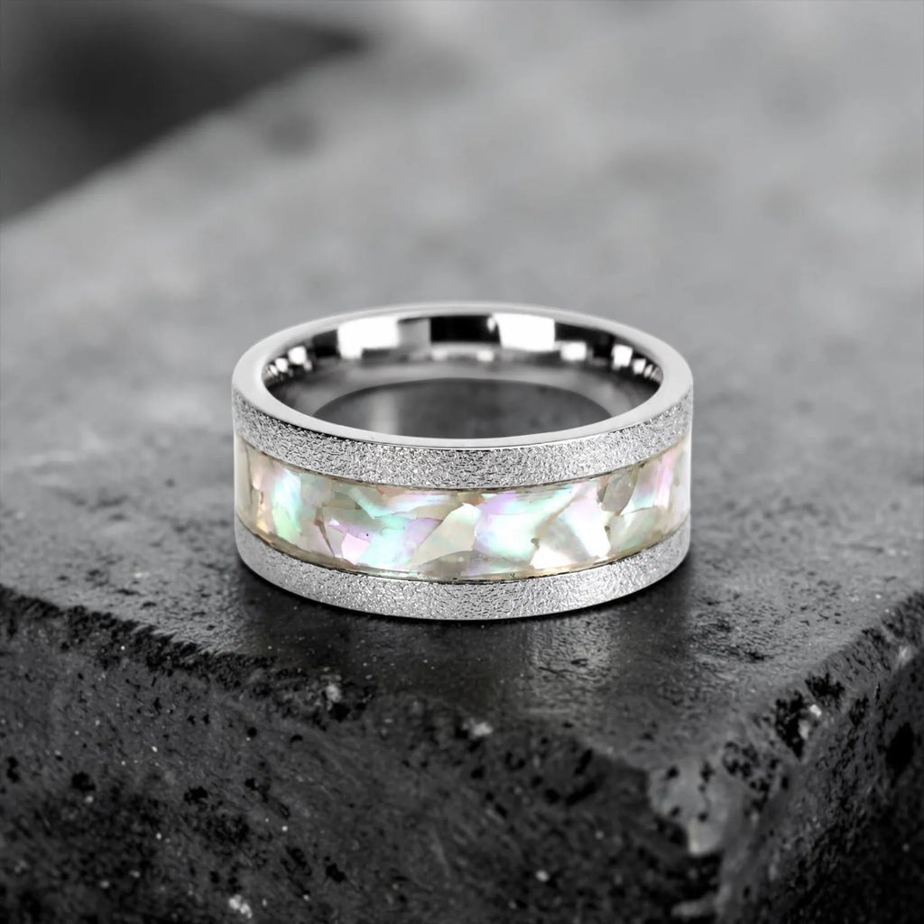 Moonveil frosted cobalt ring with genuine mother of pearl inlay featuring iridescent ocean-inspired colors and textured finish.