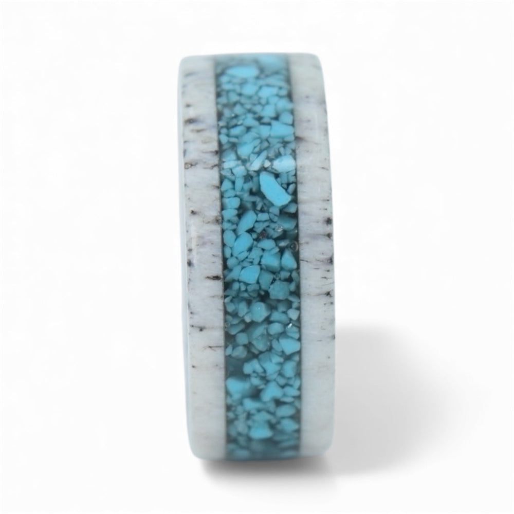 Natural deer antler band with turquoise inlay, handcrafted rustic ring with organic materials