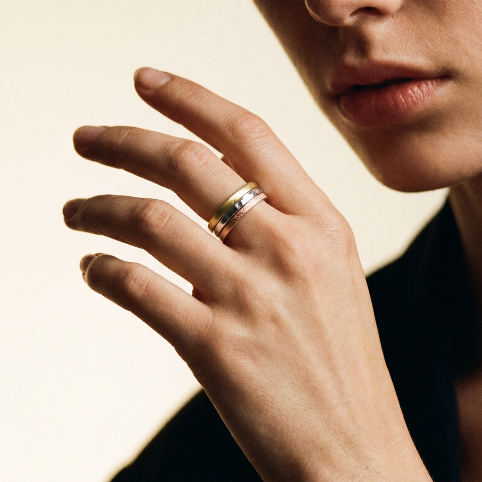 Órbita collection stackable rings stacked together showing hammered, frosted, and diagonal textures, handcrafted in Utah