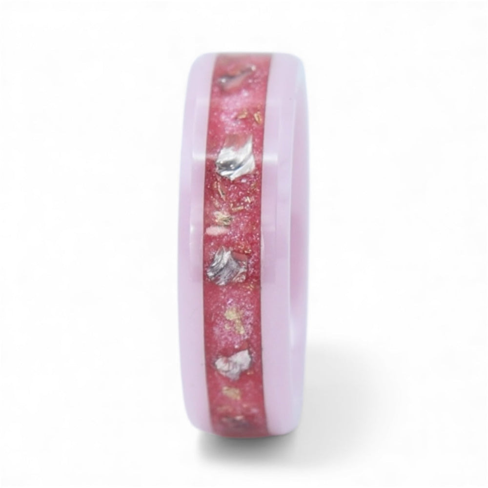 Ceramic ring featuring sea glass fragments and gold leaf with soft pink and teal contrast
