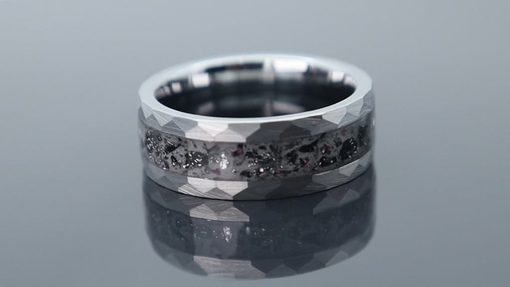 Tungsten ring with meteorite and glow inlay