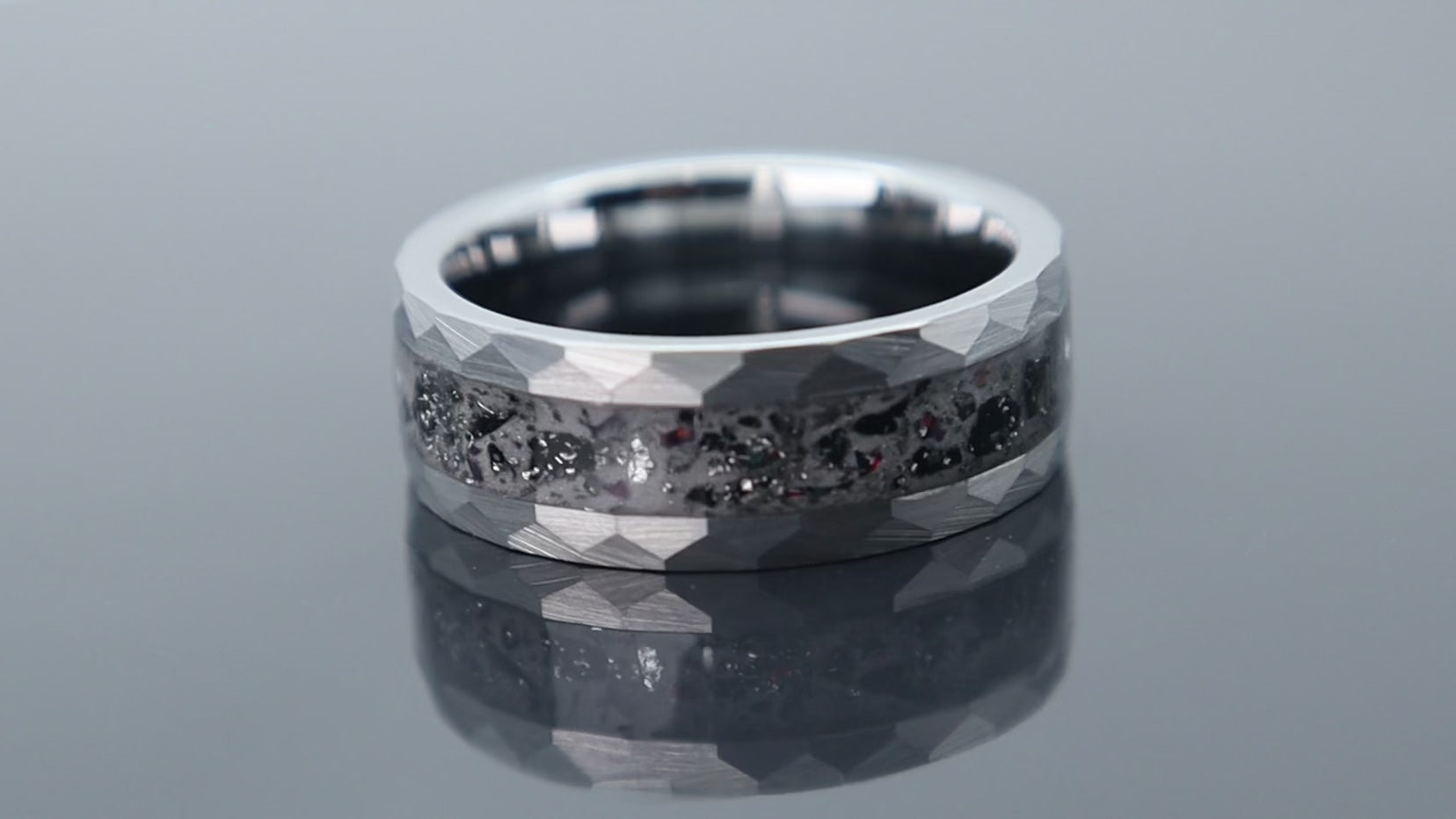 Tungsten ring with meteorite and glow inlay
