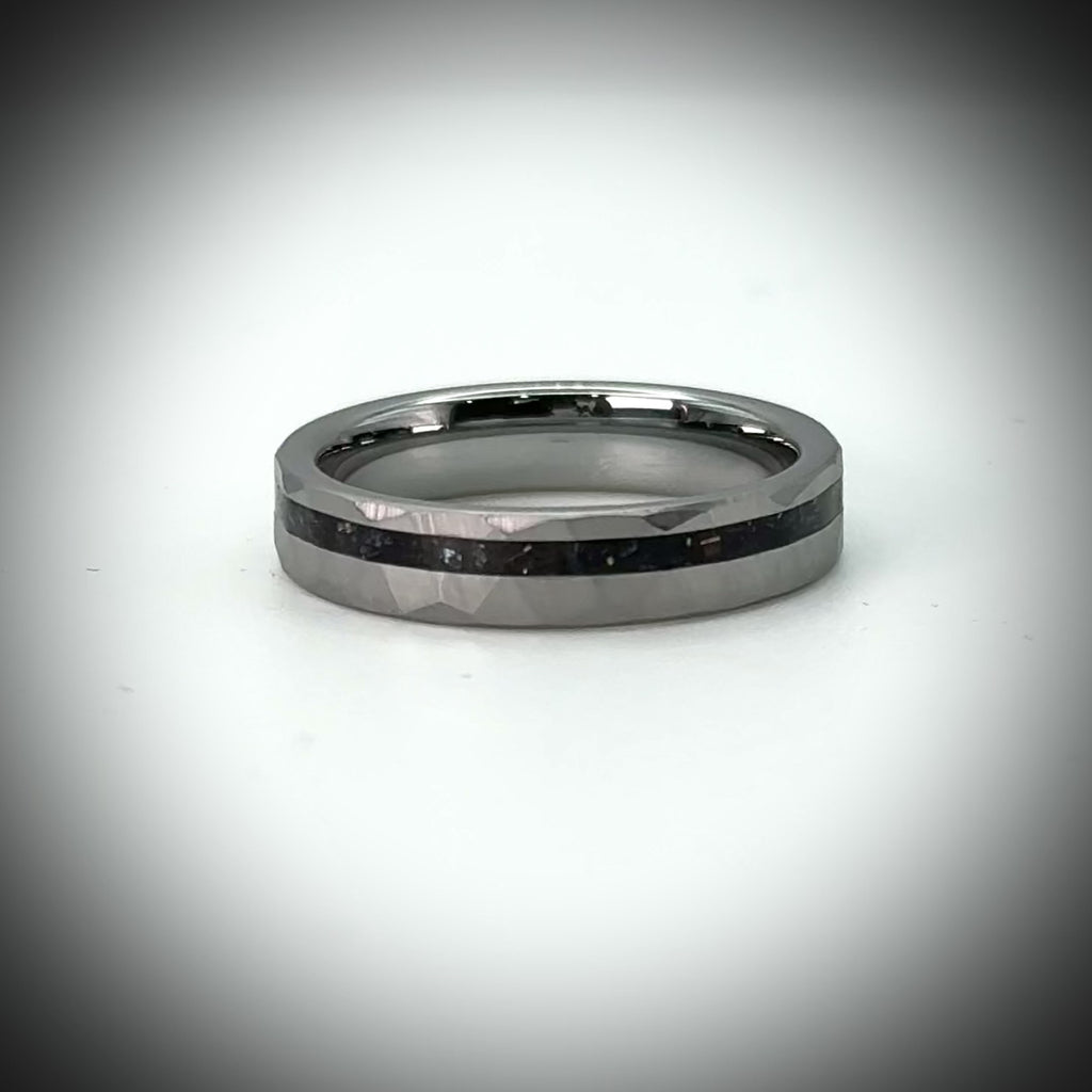 Faceted tungsten wedding ring with black tourmaline and 14k gold inlay in a 2mm offset channel