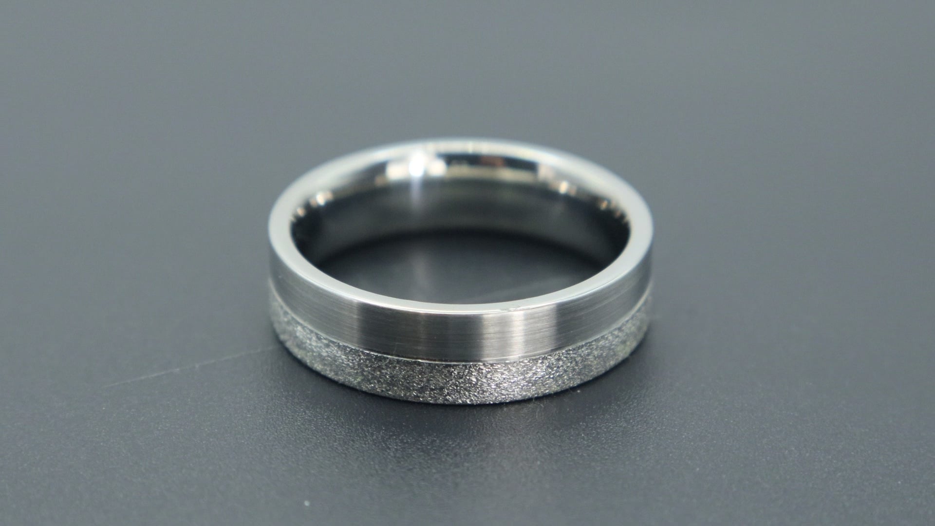 6mm men's wedding band with two-tone frosted and satin finish divided by a precision-cut groove, handcrafted in Utah