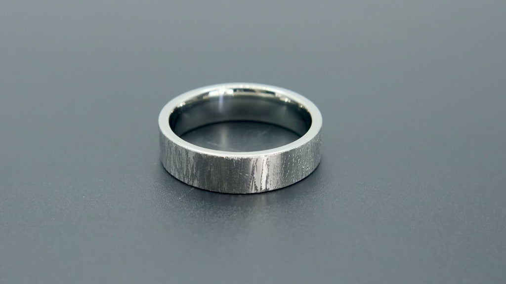 6mm wedding band for men with hand-scored bamboo texture finish, flat profile, polished interior, made in Utah