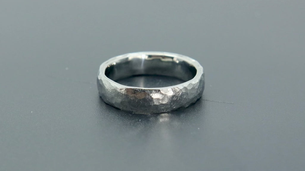 4mm domed women's wedding band with hand-hammered finish, bold textured exterior with smooth comfort fit interior