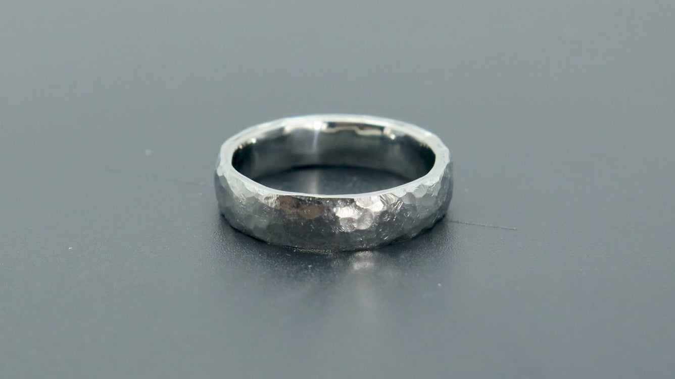 4mm domed women's wedding band with hand-hammered finish, bold textured exterior with smooth comfort fit interior